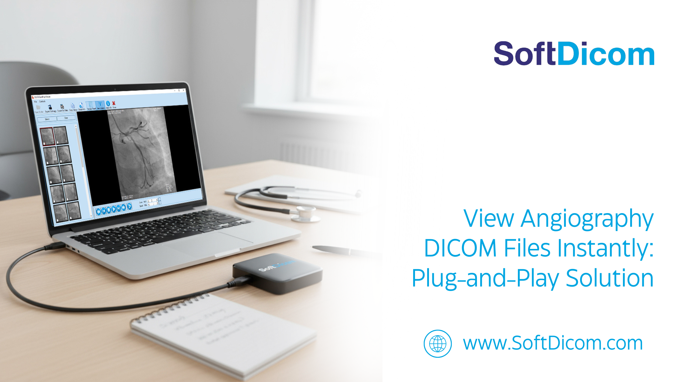 SoftDicom plug-and-play DICOM viewer for angiography images